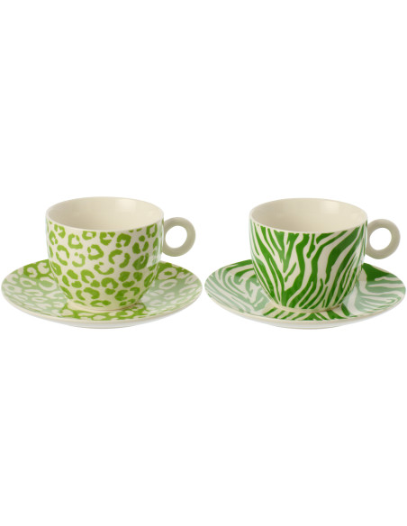Lot de 2 Tasses Jungle chic Porcelaine Vert Blanc Motif zèbre & léopard Léoze 