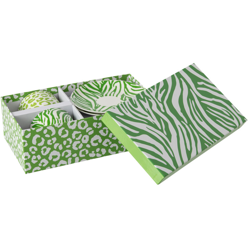 Lot de 2 Tasses Jungle chic Porcelaine Vert Blanc Motif zèbre & léopard Léoze 