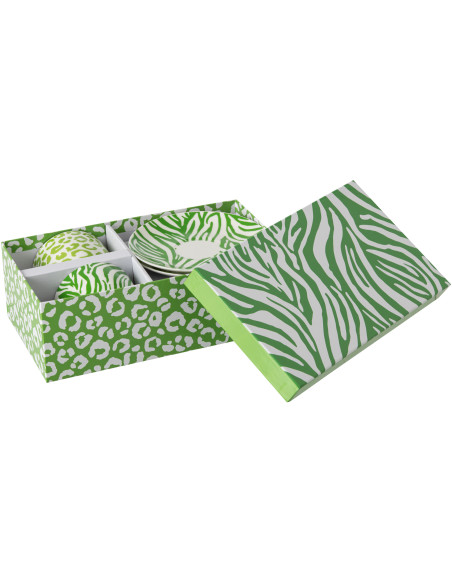 Lot de 2 Tasses Jungle chic Porcelaine Vert Blanc Motif zèbre & léopard Léoze 
