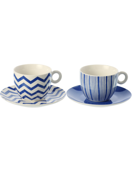 Lot de 2 Tasses bord de mer Porcelaine Bleu Blanc Motif lignes Ondeona 