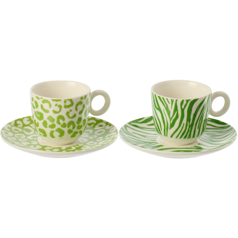 Lot de 2 Tasses à café Jungle chic Porcelaine Vert Blanc Motif zèbre & léopard Léoze 