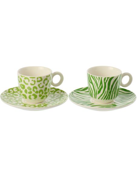 Lot de 2 Tasses à café Jungle chic Porcelaine Vert Blanc Motif zèbre & léopard Léoze 