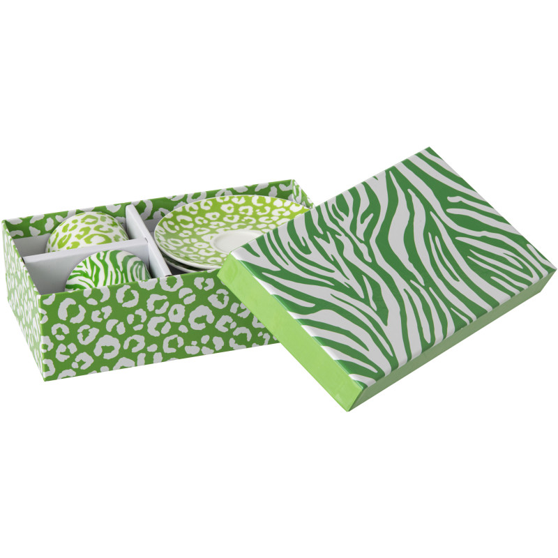 Lot de 2 Tasses à café Jungle chic Porcelaine Vert Blanc Motif zèbre & léopard Léoze 