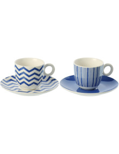 Lot de 2 Tasses à café bord de mer Porcelaine Bleu Blanc Motif lignes Ondeona 