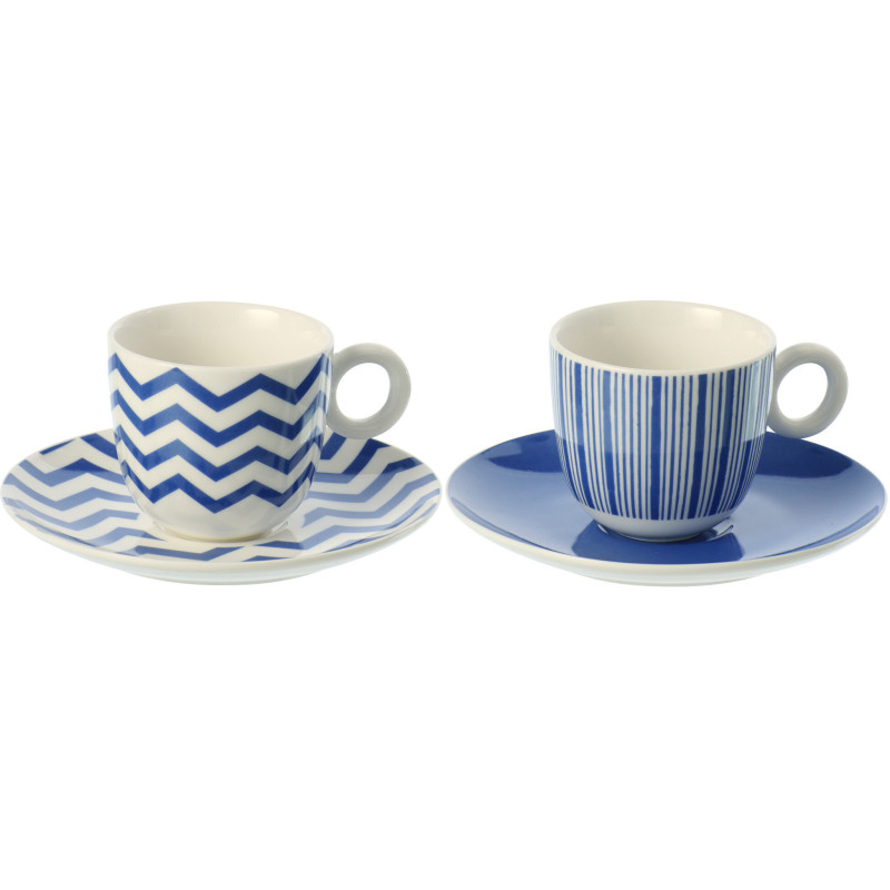 Lot de 2 Tasses à café bord de mer Porcelaine Bleu Blanc Motif lignes Ondeona 