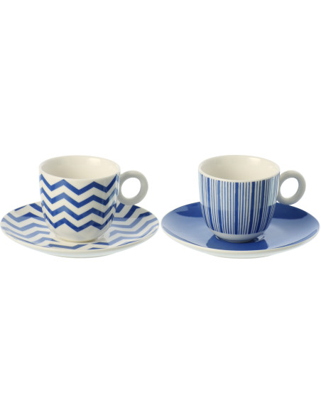 Lot de 2 Tasses à café bord de mer Porcelaine Bleu Blanc Motif lignes Ondeona 