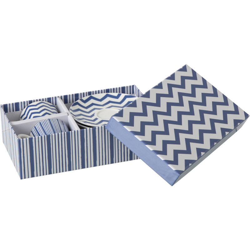 Lot de 2 Tasses à café bord de mer Porcelaine Bleu Blanc Motif lignes Ondeona 