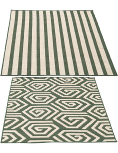 Lot de 2 Tapis extérieurs design Rectangulaire 120x170 Polypropylène Vert foncé Blanc Motif spirales & lignes Méditerrana 