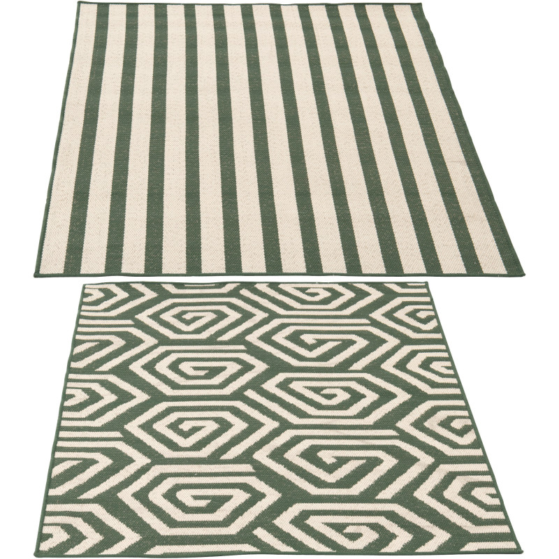 Lot de 2 Tapis extérieurs design Rectangulaire 120x170 Polypropylène Vert foncé Blanc Motif spirales & lignes Méditerrana 