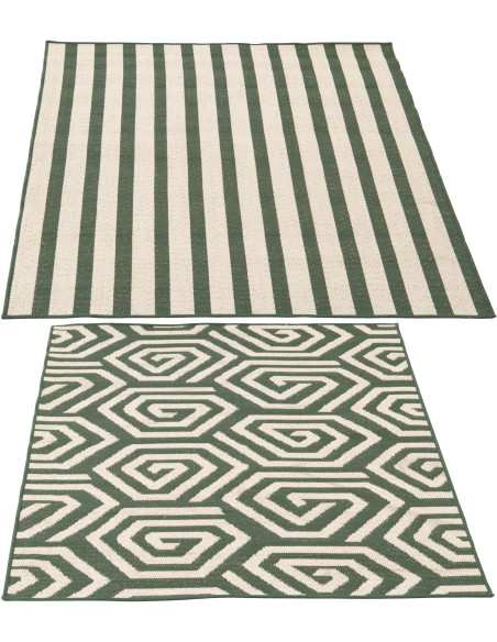Lot de 2 Tapis extérieurs design Rectangulaire 120x170 Polypropylène Vert foncé Blanc Motif spirales & lignes Méditerrana 