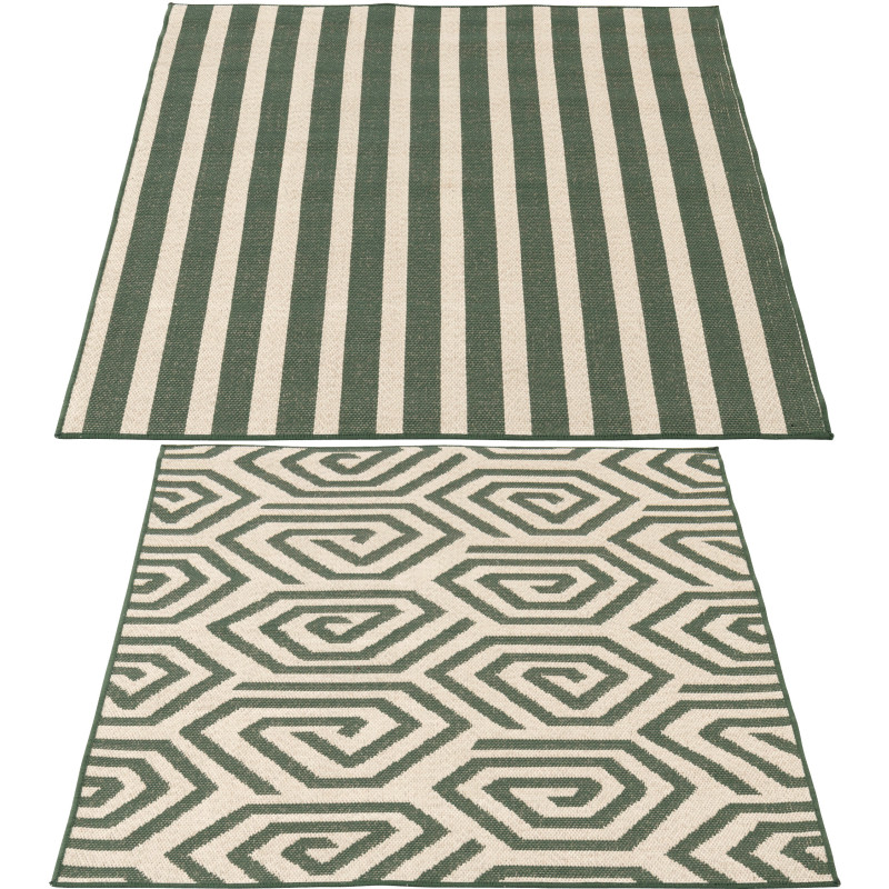 Lot de 2 Tapis extérieurs design Rectangulaire 120x170 Polypropylène Vert foncé Blanc Motif spirales & lignes Méditerrana 