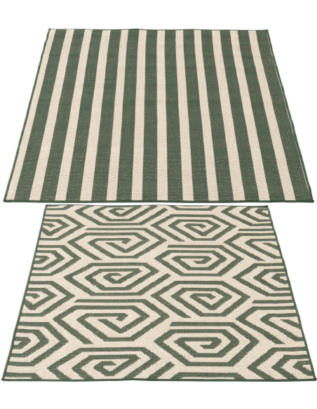 Lot de 2 Tapis extérieurs design Rectangulaire 120x170 Polypropylène Vert foncé Blanc Motif spirales & lignes Méditerrana 