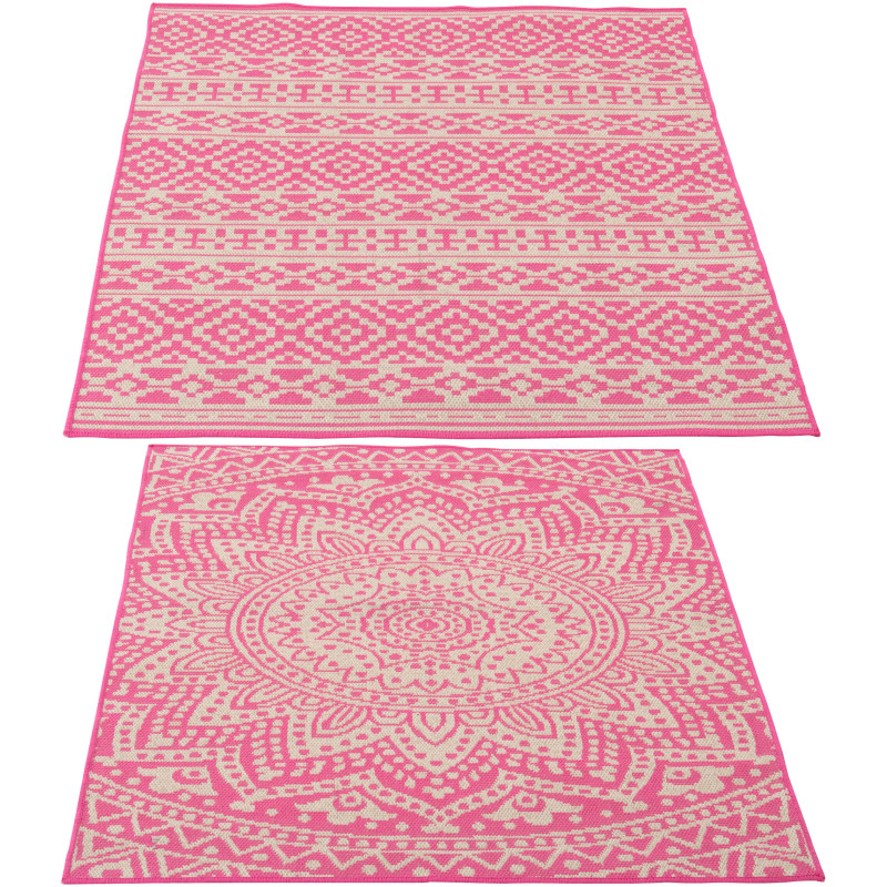 Lot de 2 Tapis extérieurs design Rectangulaire 120x170 Polypropylène Rose Blanc Motif mosaïque Méditerrana