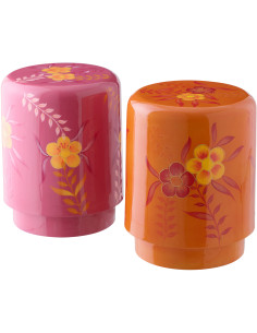 Lot de 2 Tables d'appoint style seventies néo-folk Ronde 35 cm Métal Orange Rose Laqué Motif fleurs Florezina 