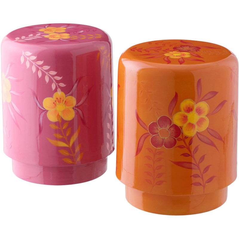 Lot de 2 Tables d'appoint style seventies néo-folk Ronde 35 cm Métal Orange Rose Laqué Motif fleurs Florezina 