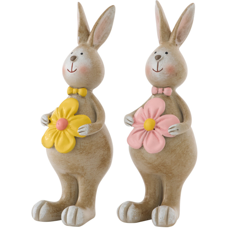 Lot de 2 Statuettes déco Lapin Fleur debout H 13 cm Résine Beige Floretti 