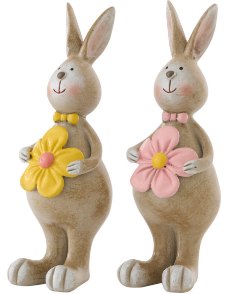 Lot de 2 Statuettes déco Lapin Fleur debout H 13 cm Résine Beige Floretti 
