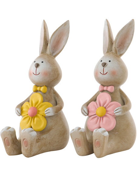 Lot de 2 Statuettes déco Lapin Fleur assis H 15 cm Résine Beige Floretti