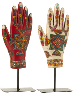 Lot de 2 Sculptures déco indiens sur pied Mains H 23 cm Bois de manguier Multicolore Métal Noir Delhi 
