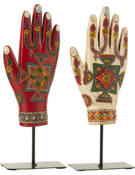 Lot de 2 Sculptures déco indiens sur pied Mains H 23 cm Bois de manguier Multicolore Métal Noir Delhi 
