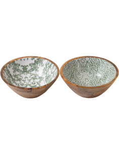 Lot de 2 Saladiers Campagne chic Rond 25 cm Bois de manguier Vert Blanc Naturel Verdeno 