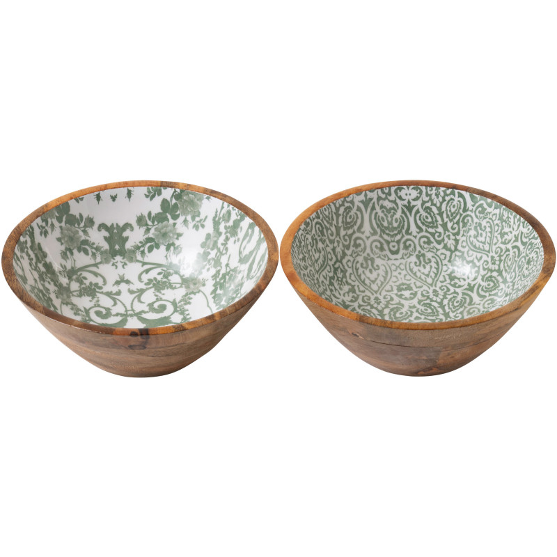 Lot de 2 Saladiers Campagne chic Rond 25 cm Bois de manguier Vert Blanc Naturel Verdeno 