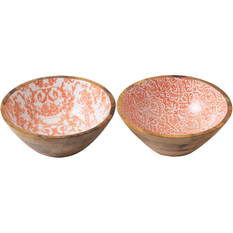 Lot de 2 Saladiers Campagne chic Rond 25 cm Bois de manguier Orange Blanc Naturel Verdeno 