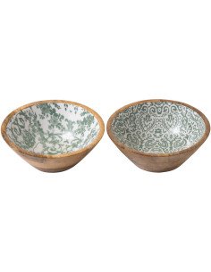 Lot de 2 Saladiers Campagne chic Rond 20 cm Bois de manguier Vert Blanc Naturel Verdeno 