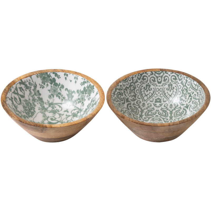Lot de 2 Saladiers Campagne chic Rond 20 cm Bois de manguier Vert Blanc Naturel Verdeno 