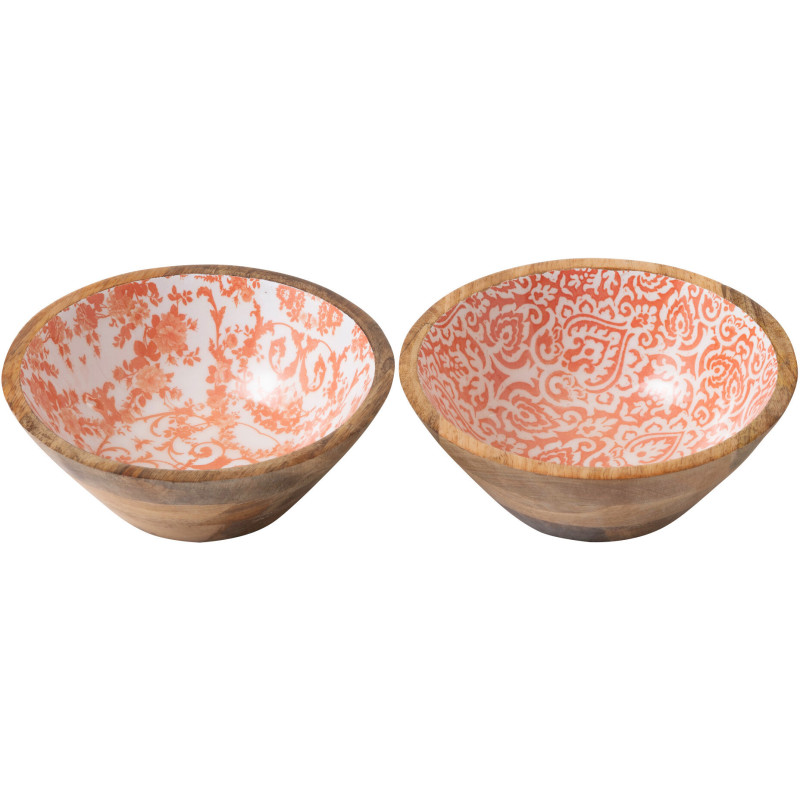 Lot de 2 Saladiers Campagne chic Rond 20 cm Bois de manguier Orange Blanc Naturel Verdeno 