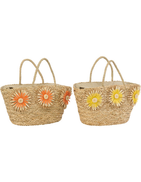 Lot de 2 Sacs Cabas Tournesols Jonc de mer Tressé Naturel Jaune Orange Sunlino 