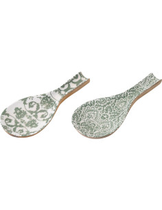 Lot de 2 Repose Cuillères Campagne chic Bois de manguier Vert Blanc Naturel Verdeno 