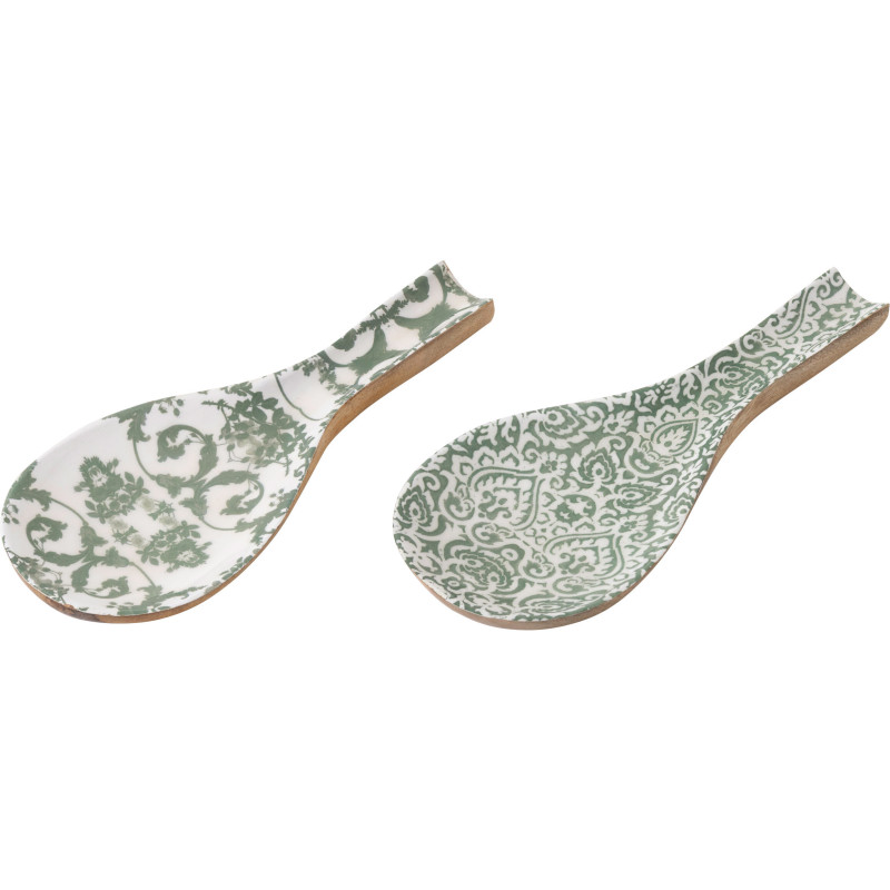 Lot de 2 Repose Cuillères Campagne chic Bois de manguier Vert Blanc Naturel Verdeno 