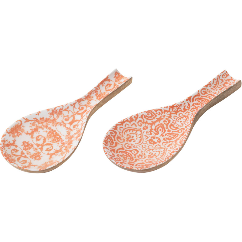 Lot de 2 Repose Cuillères Campagne chic Bois de manguier Orange Blanc Naturel Verdeno 