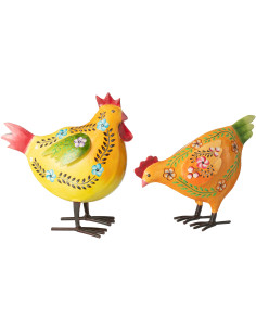 Lot de 2 Poules déco Folk coloré Métal Jaune Orange Cocorina 