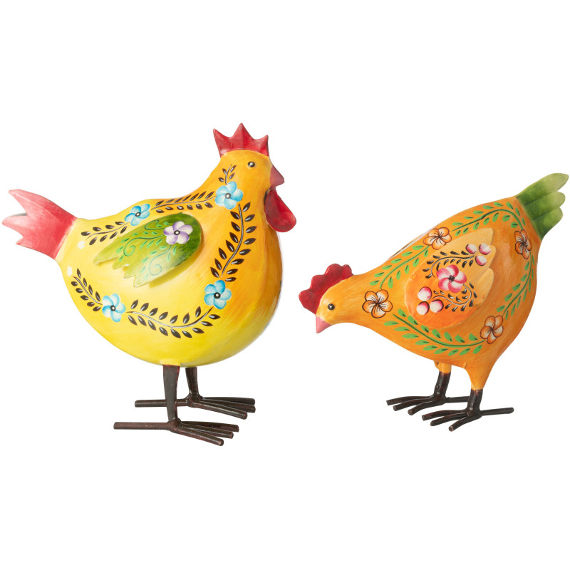 Lot de 2 Poules déco Folk coloré Métal Jaune Orange Cocorina 