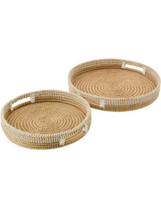 Lot de 2 Plateaux style bord de mer Rond Paille Naturel Blanc Tressé Hinari 