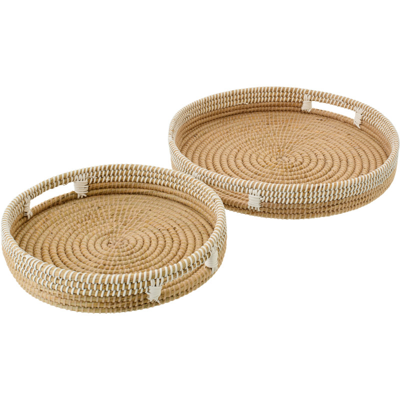 Lot de 2 Plateaux style bord de mer Rond Paille Naturel Blanc Tressé Hinari 