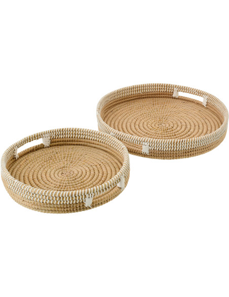 Lot de 2 Plateaux style bord de mer Rond Paille Naturel Blanc Tressé Hinari 