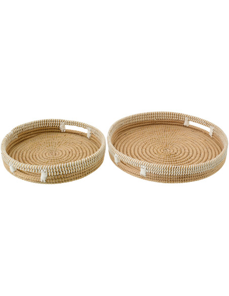 Lot de 2 Plateaux style bord de mer Rond Paille Naturel Blanc Tressé Hinari 
