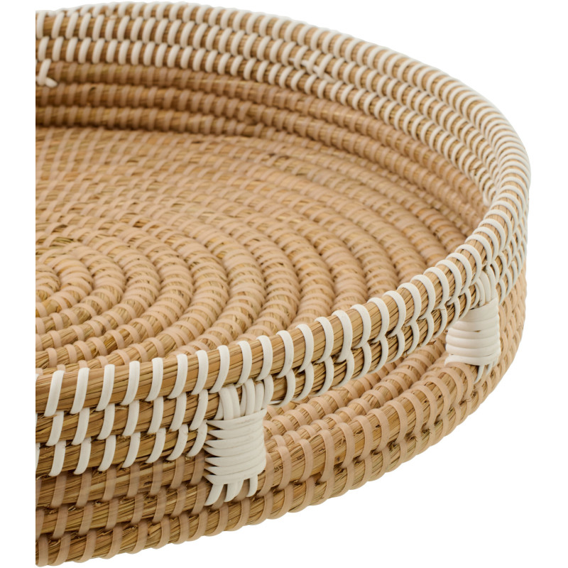 Lot de 2 Plateaux style bord de mer Rond Paille Naturel Blanc Tressé Hinari 