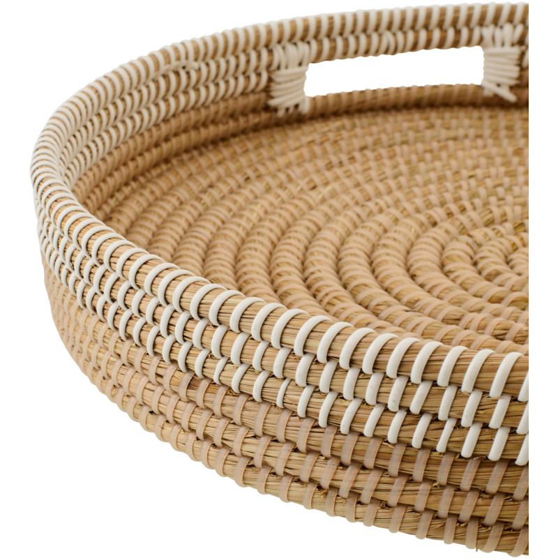 Lot de 2 Plateaux style bord de mer Rond Paille Naturel Blanc Tressé Hinari 