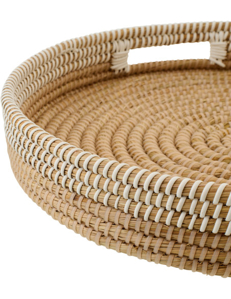 Lot de 2 Plateaux style bord de mer Rond Paille Naturel Blanc Tressé Hinari 