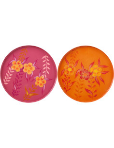 Lot de 2 Plateaux déco style seventies néo-folk 35 cm Métal Orange Rose Laqué Motif fleurs Florezina 