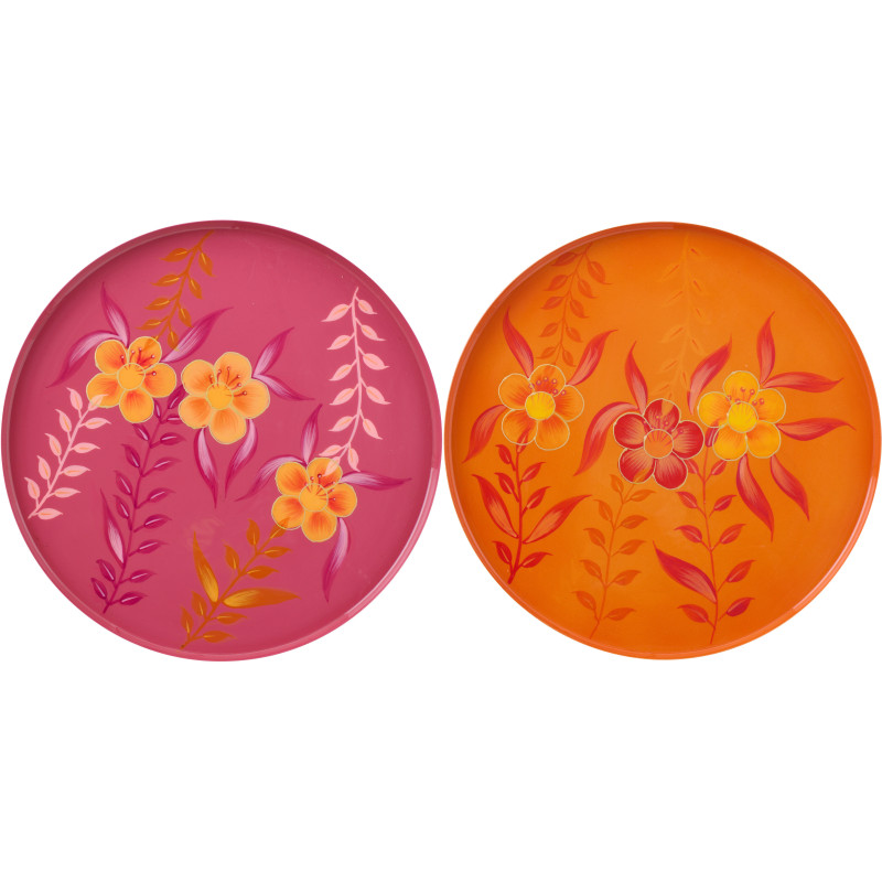 Lot de 2 Plateaux déco style seventies néo-folk 35 cm Métal Orange Rose Laqué Motif fleurs Florezina 