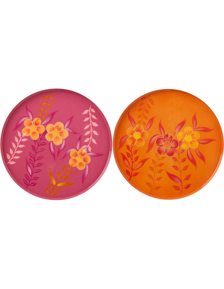 Lot de 2 Plateaux déco style seventies néo-folk 35 cm Métal Orange Rose Laqué Motif fleurs Florezina 