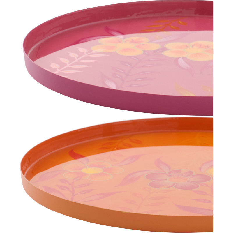 Lot de 2 Plateaux déco style seventies néo-folk 35 cm Métal Orange Rose Laqué Motif fleurs Florezina 
