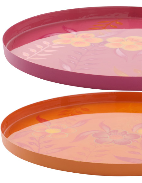 Lot de 2 Plateaux déco style seventies néo-folk 35 cm Métal Orange Rose Laqué Motif fleurs Florezina 