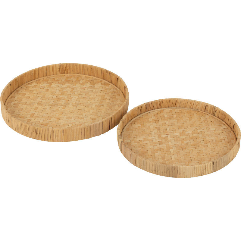 Lot de 2 Plateaux de service Rond Bambou Rotin Naturel Tressé Takori 