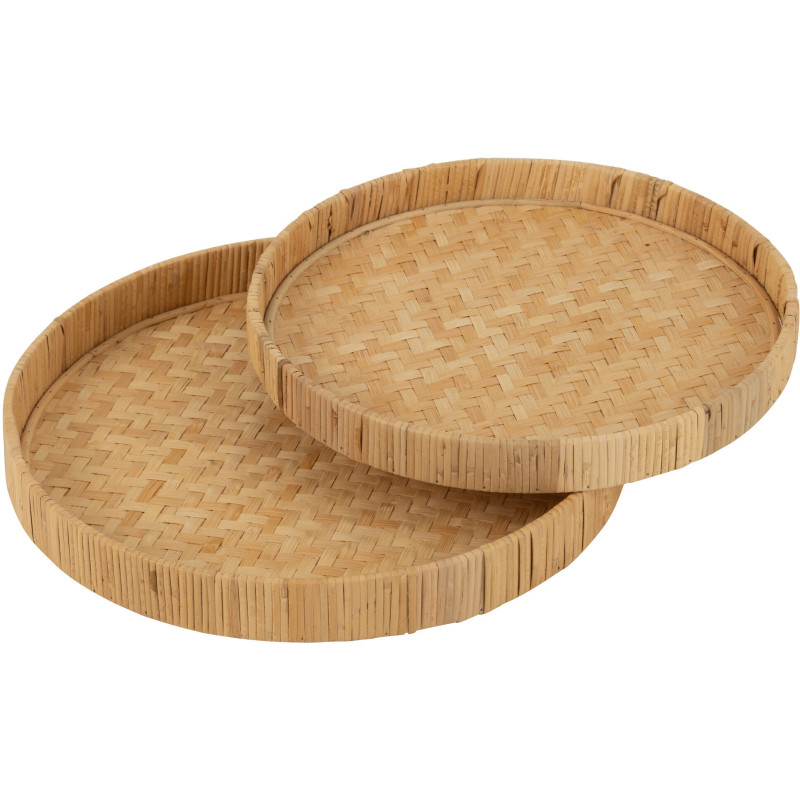 Lot de 2 Plateaux de service Rond Bambou Rotin Naturel Tressé Takori 